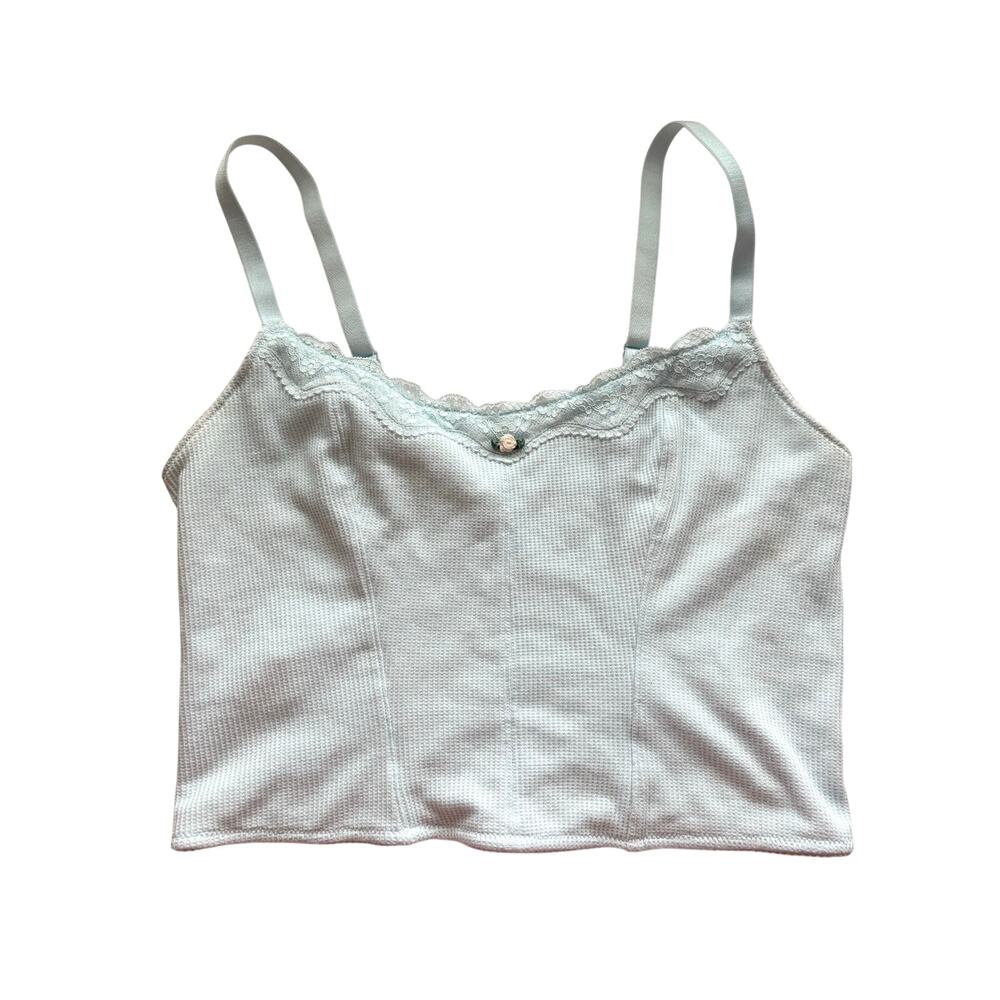 Colsie Waffle Knit Crop Cami Tank Top Lace Trim Pastel Large Coquette Soft Girl